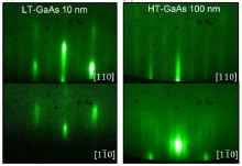 RHEED patterns of (a) 10 nm thick LT-GaAs layer and (b) 100 nm thick HT-GaAs layer on GaP/Si substrate.